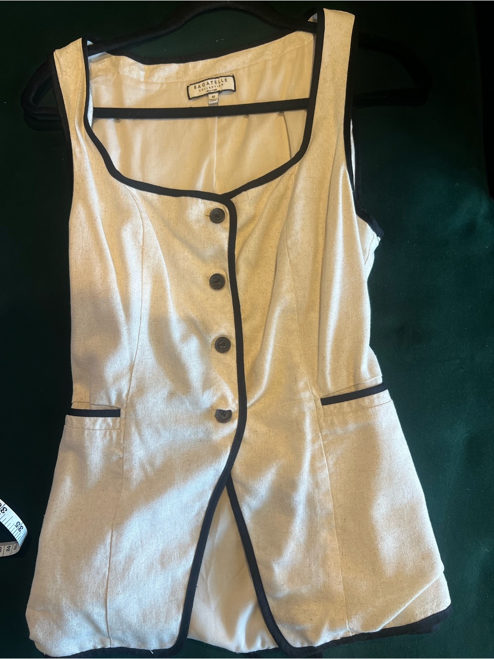 Bagatelle cream linen blend vest with Black Trim and tie back